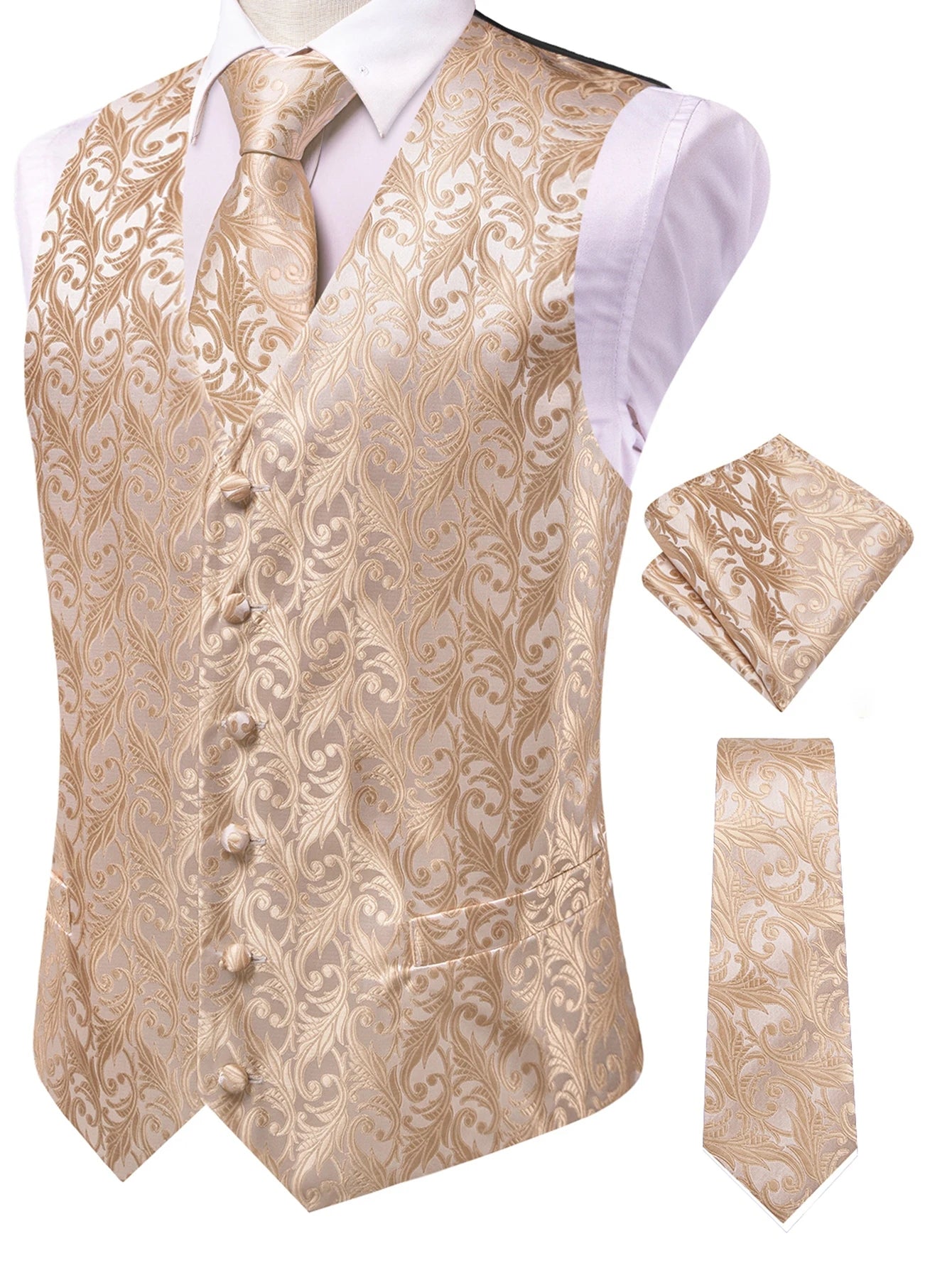 Apricot Men Vest Three-Piece Suit Set, Dress Waistcoat with Tie and Pocket Square for Party Ceremony Qme HT-MJ-0205 S