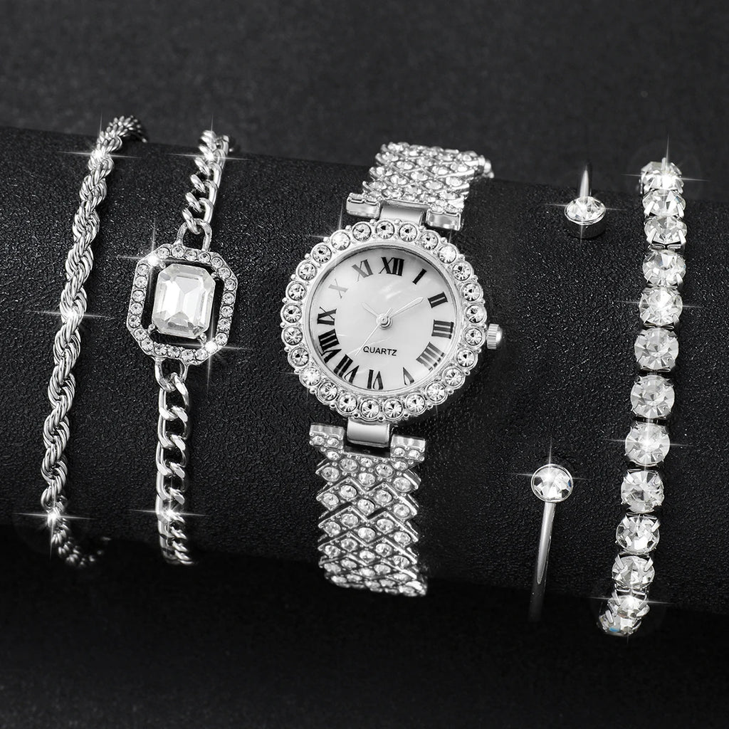 5Pcs Women Rhinestone Watch Jewelry Set Roman Dial Quartz Watch Crystal Bracelet Earring Bangle Ladies Gift Watch Qme