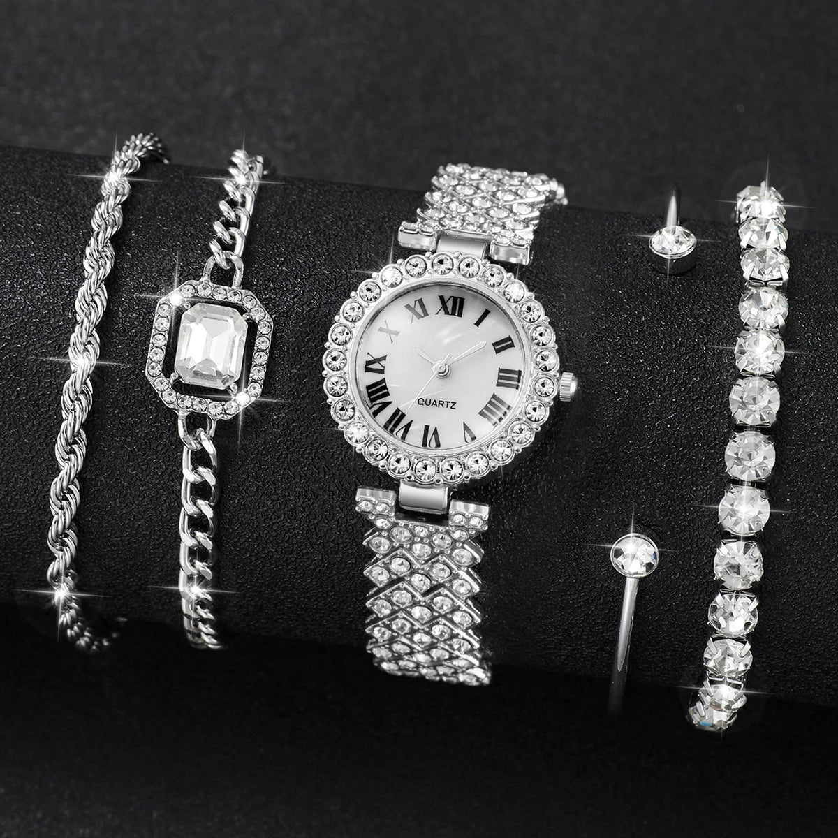 5Pcs Women Rhinestone Watch Jewelry Set Roman Dial Quartz Watch Crystal Bracelet Earring Bangle Ladies Gift Watch Qme