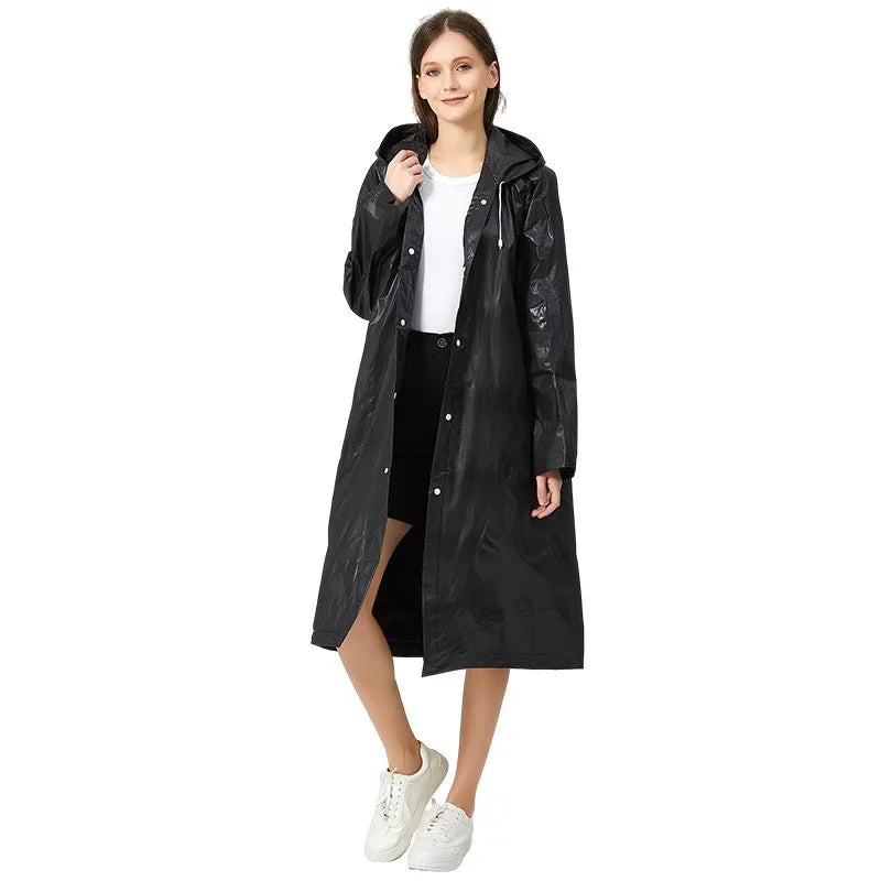 Adult Solid Color Button Raincoat with Hooded Waterproof Windproof Eva Thickened Whole Body One-piece Raincoat Home Essential Qme Black One Size