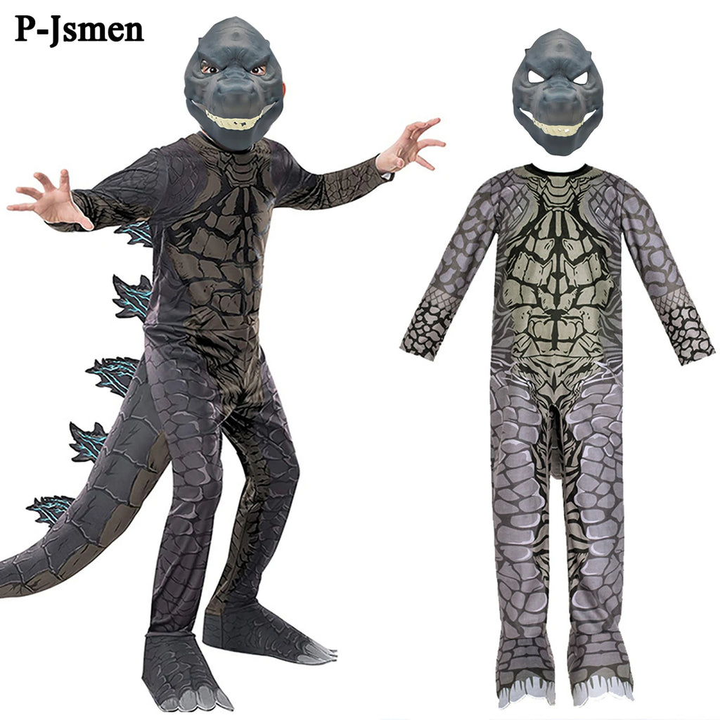 P-Jsmen King of Monster Cosplay Costume Dinosaur Halloween Bodysuit for Kid Boys Girl Child Catsuit Mask Halloween Suit Qme