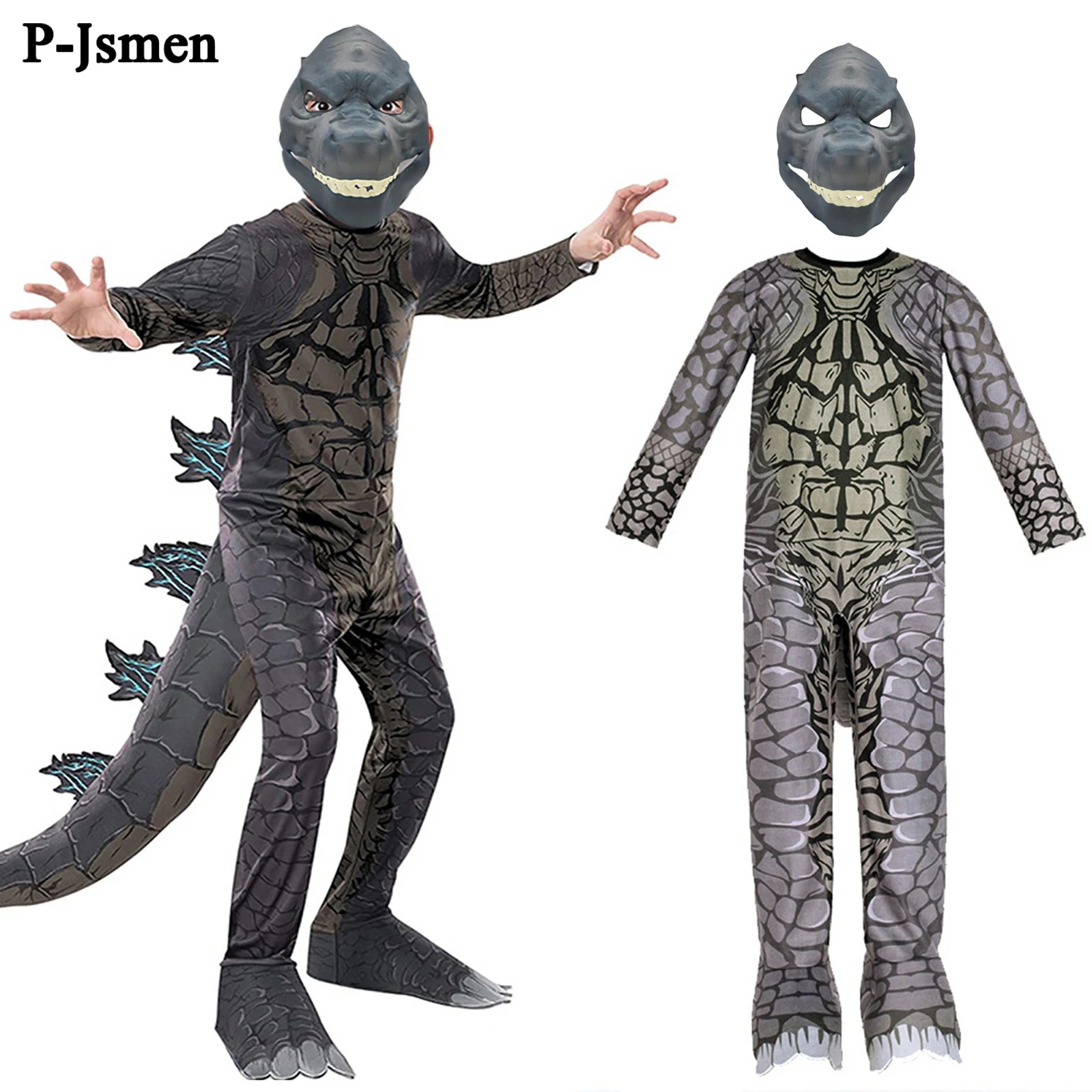 P-Jsmen King of Monster Cosplay Costume Dinosaur Halloween Bodysuit for Kid Boys Girl Child Catsuit Mask Halloween Suit Qme