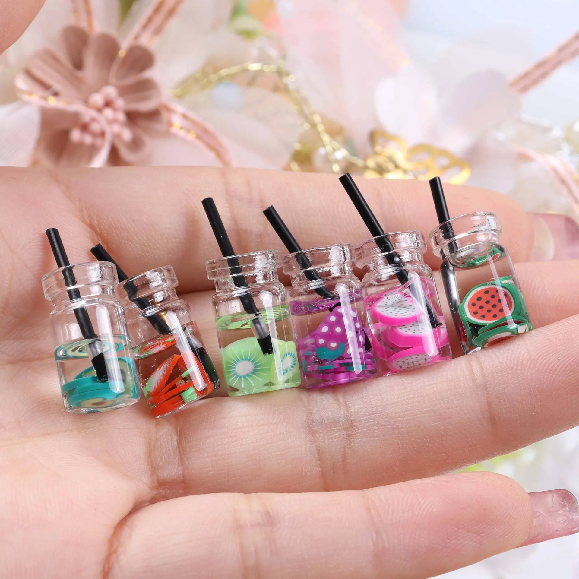 Cute Simulation Fruit Slice Drink Bottle Resin Charms Small Transparent Mini Jar Handmade Jewelry DIY Accessories Qme