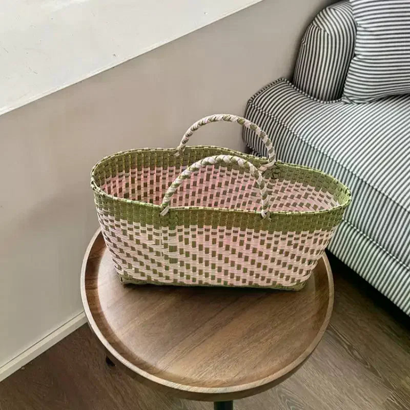 Cute PVC Handbag Weave Bag Large Capacity Bohemian Beach Tote Bag Vacation Style Countryside Holiday Style Vegetable Basket Bag Qme