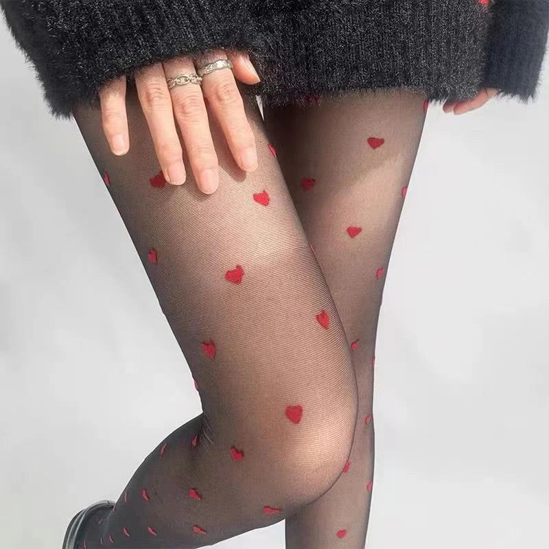 Sexy Black Stockings Women Heart Tights Small Thin Vintage Faux Qme