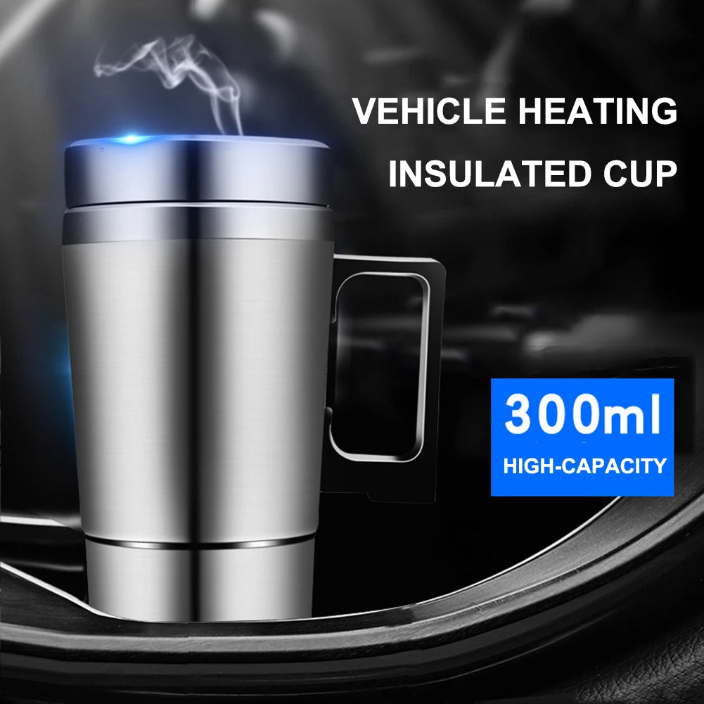 Vehicle Heating Cup 12V/24V Water Coffee Milk Thermal Mug 300ML Car Electric Heating Cup Stainless Steel Travel Electric Kettle Qme