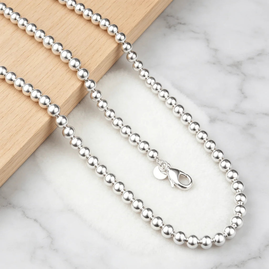 Fashion Jewelry 925 Sterling Silver 6MM Gorgeous Beads Chain Necklace for Women Men Party Wedding Holiday Gifts Qme