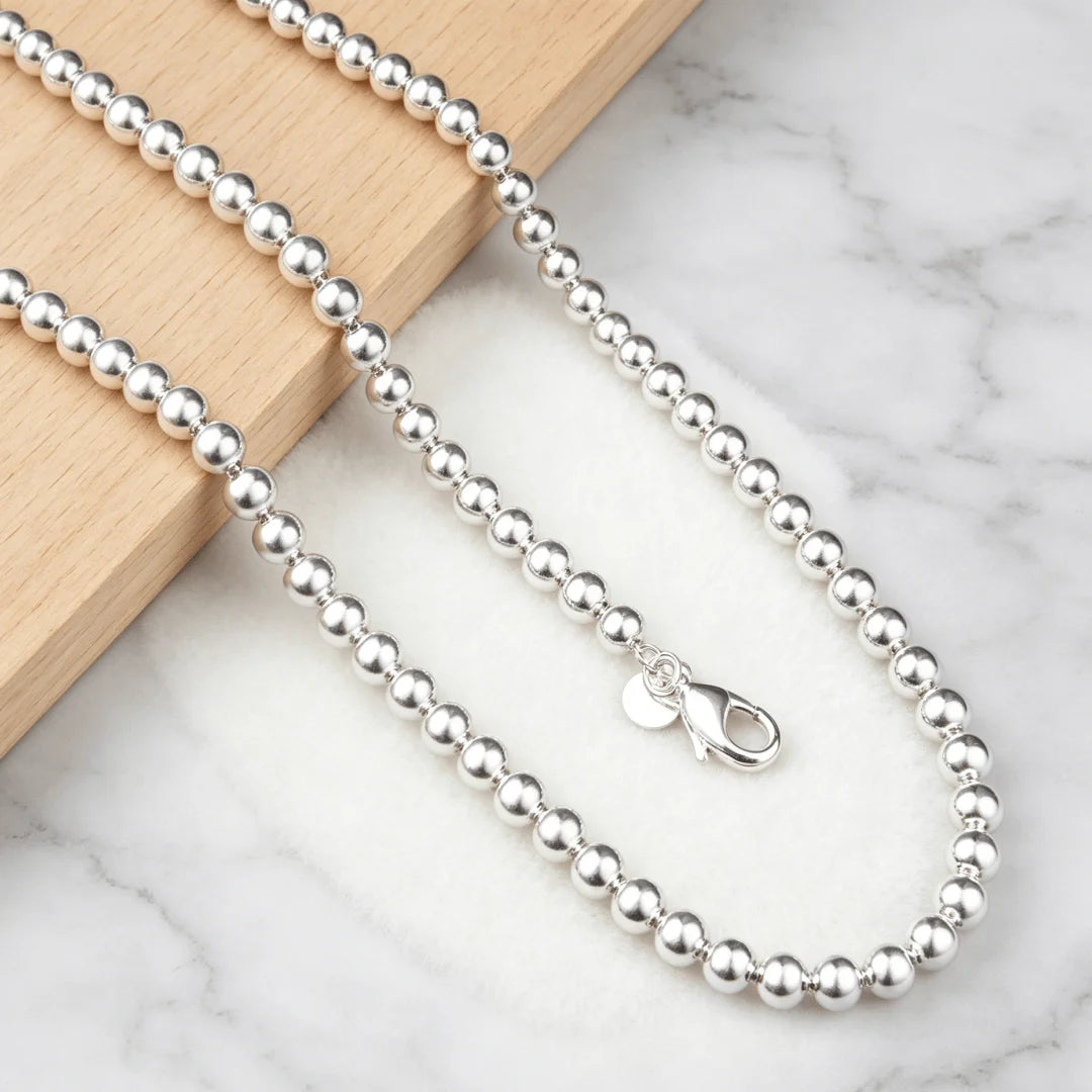 Fashion Jewelry 925 Sterling Silver 6MM Gorgeous Beads Chain Necklace for Women Men Party Wedding Holiday Gifts Qme