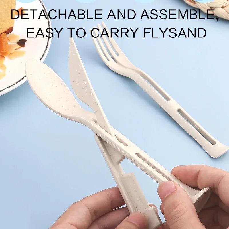 3PCS Portable Wheat Straw Cutlery Set Detachable Travel Tableware Dinnerware Set Camping Picnic Spoon Fork Chopsticks Kit Qme