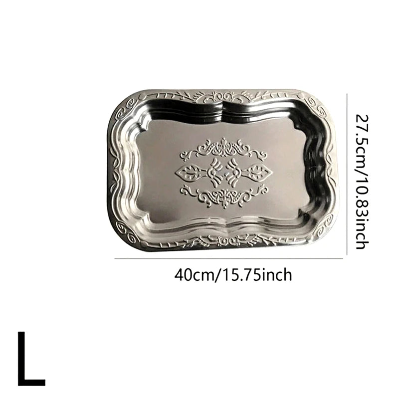 Stainless Steel Rectangular Tray Embossed Design Kitchen Living Room Qme L
