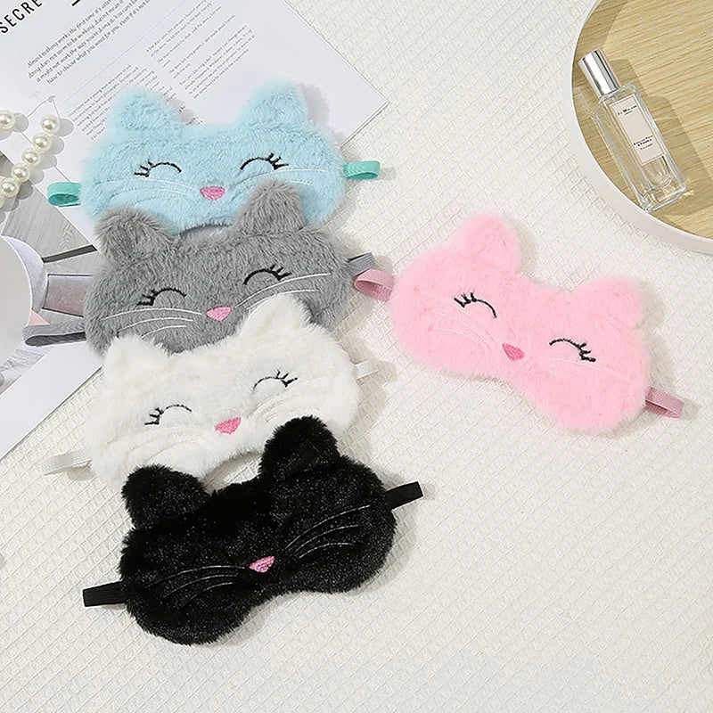 Cute Cartoon Cat Plush Sleep Mask Comfortable Eye Cover Travel Home Qme