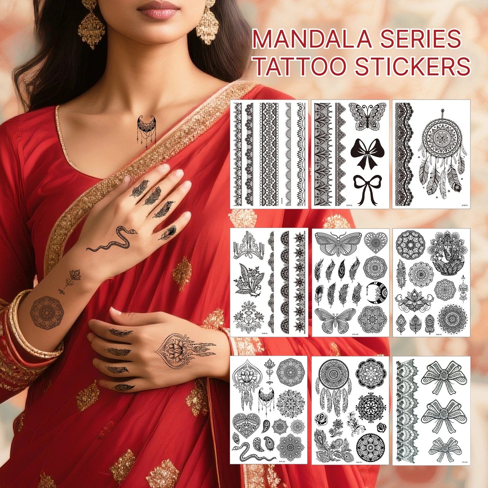 A 4/8 Water Transfer Stickers Mandala Henna Tattoo Stickers Fake Instant Henna Temporary Tattoo Indian Mehndi Flower Waterproof Qme