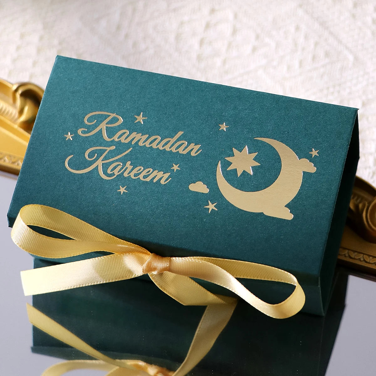 10 Rectangular Multi-Colored Gift Boxes with Gold Crescent and Planet Designs Printed on Them, Specifically Designed for Ramadan, and Adorned with Gold Ribbons — Perfect for Packaging Homemade Sweets, Premium Dates, and Sma Qme 10-Pcs-Green Other Other