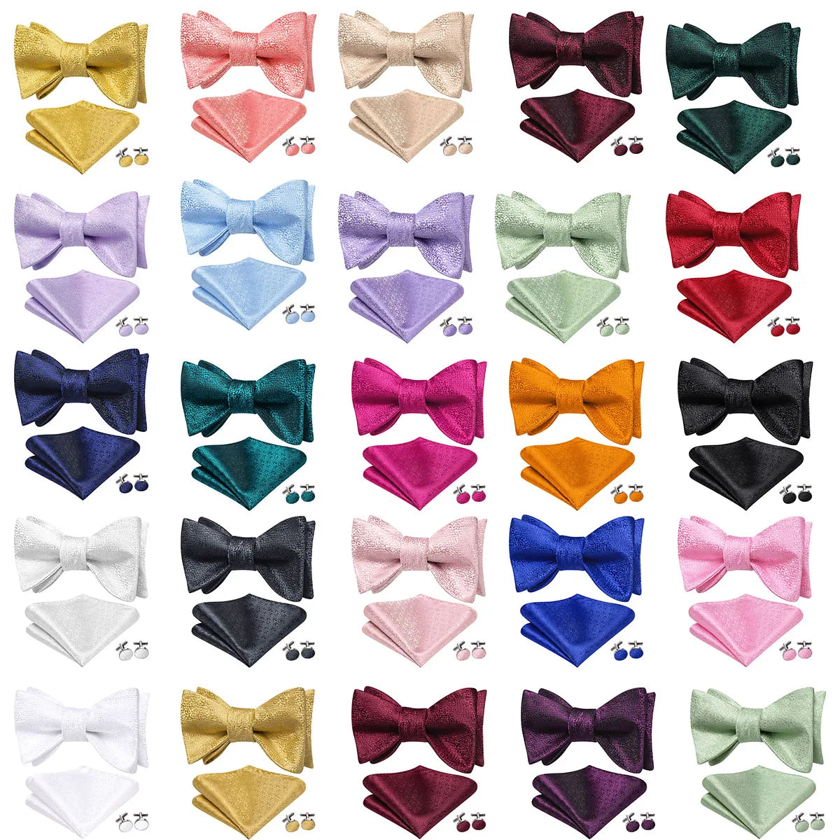 Pink Orange Sky Blue Hi-Tie Mens Bow Tie Pocket Square Cufflinks Set Self-tied Butterfly Knot Bowtie for Wedding Business Gift Qme