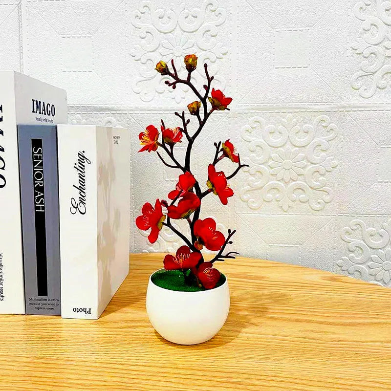 Simulation Plum Flower Pot Plant Artificial Plastic Fake Flowers Home Office Desktop Ornaments Wedding Party Background Decor Qme Red