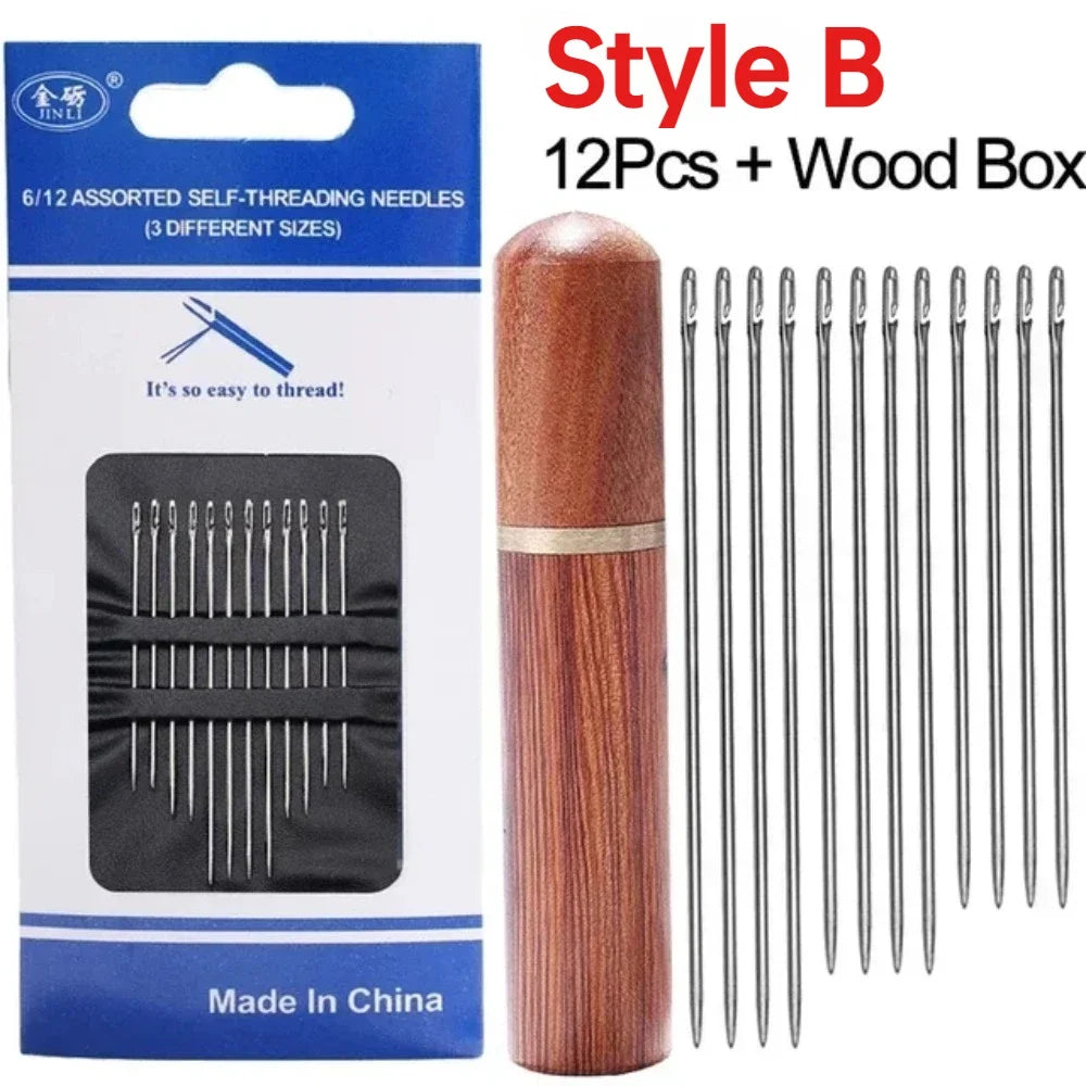 Stainless Steel Self Threading Sewing Needles 12/30 Pcs Elderly Friendly Blind Needles for DIY Stitching Craft Making Qme B-(12pcs)