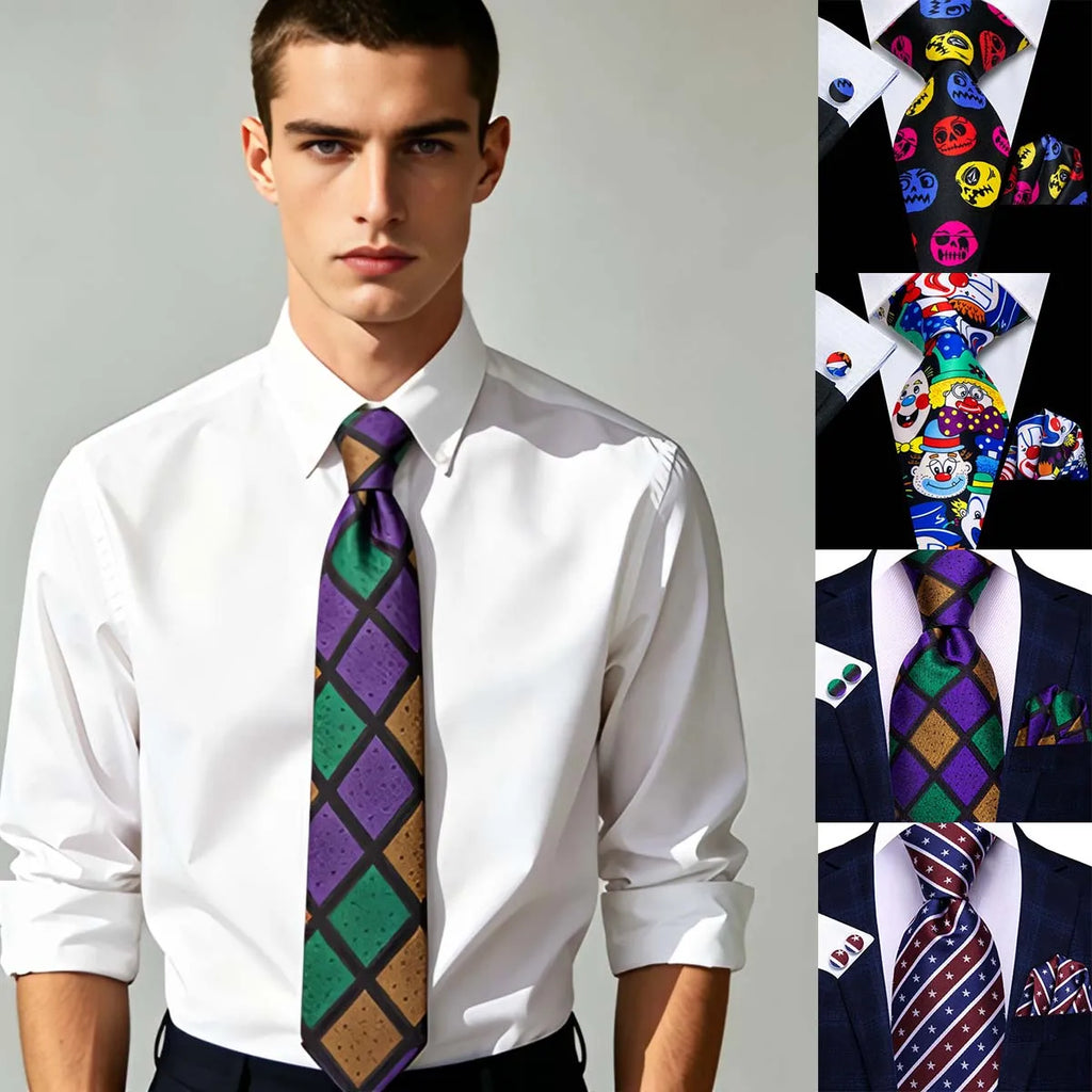 Men Fashion Mixed Color Necktie Set Including Pocket Square & Cufflinks Daily Banquet Wear Qme
