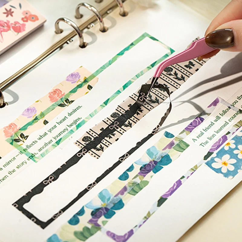 Floral Plaid Bow Long Sticker Book, Countryside Journal Base Paper for Border & Layout Decoration Qme