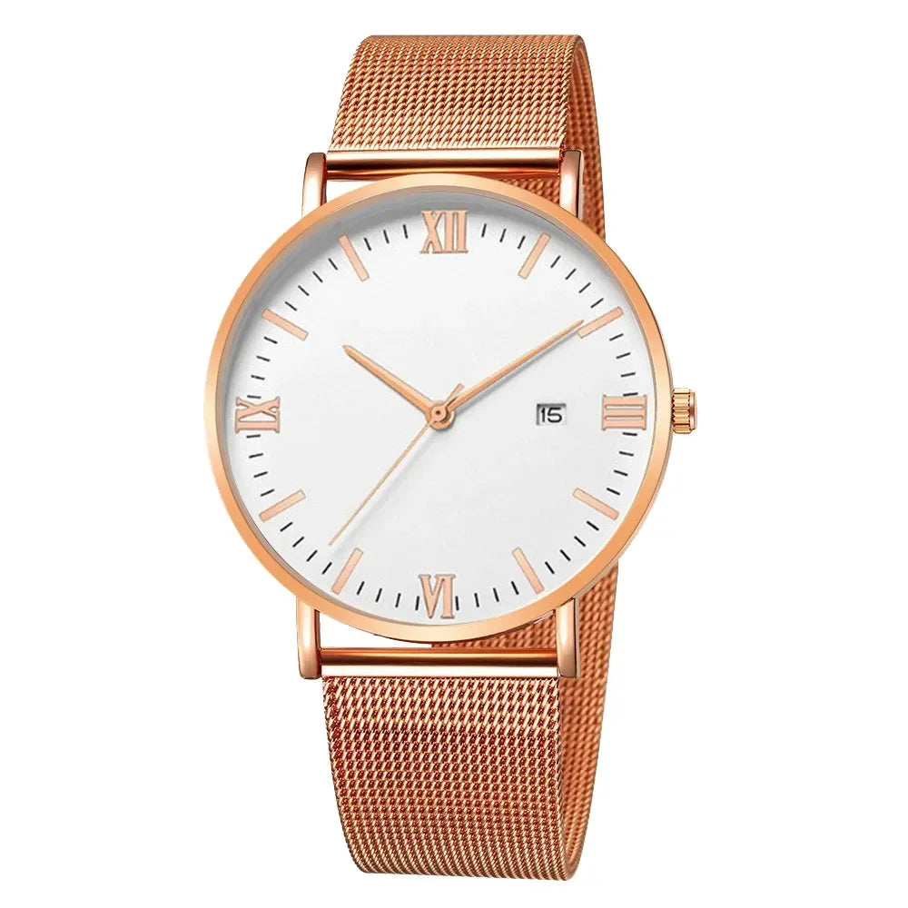 Ultra Thin Men Watch Magnetic Bracelet Quartz Watch Calendar Men Slim Mesh Steel Waterproof Sport Watch Black Relogio Masculino Qme Rose White