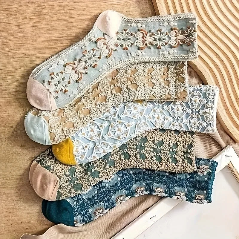 3pairs Floral Print Court Socks - Elegant, Breathable Fabric, Sweat-Absorbent, Comfortable Stockings for Daily WearRandom color Qme