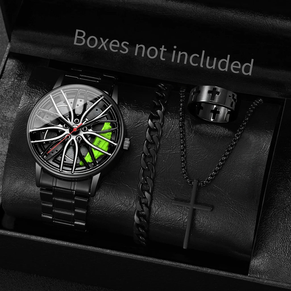 4 pçs/set moda 3d roda de carro dial masculino relógio esportivo luxo banda aço inoxidável relógios quartzo conjunto jóias Qme green