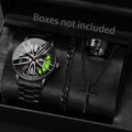 4 pçs/set moda 3d roda de carro dial masculino relógio esportivo luxo banda aço inoxidável relógios quartzo conjunto jóias Qme green