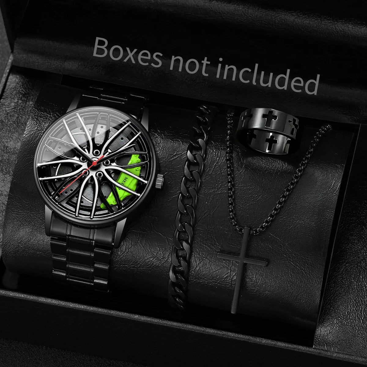 4 pçs/set moda 3d roda de carro dial masculino relógio esportivo luxo banda aço inoxidável relógios quartzo conjunto jóias Qme green