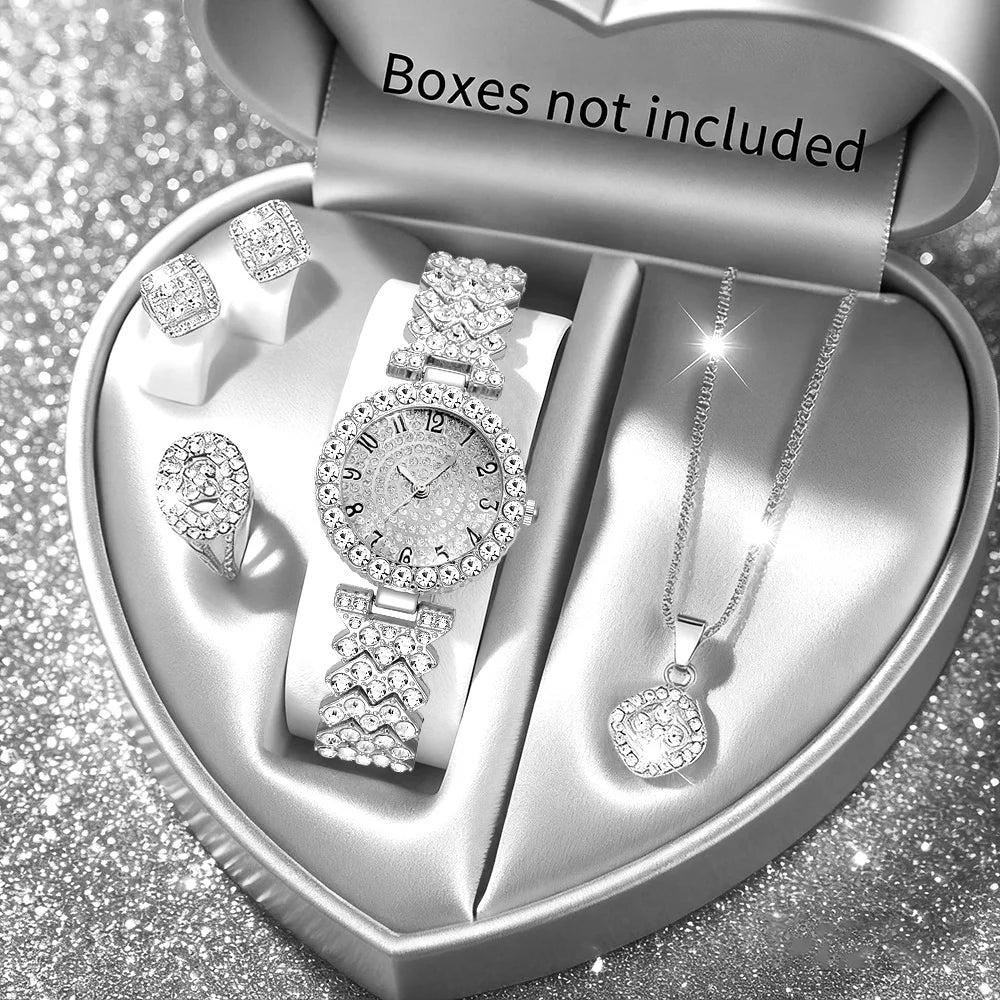 2026 Fashion Roman pattern diamond inlaid women's watch quartz watch bracelet women's watch set Qme Silver Set No Box