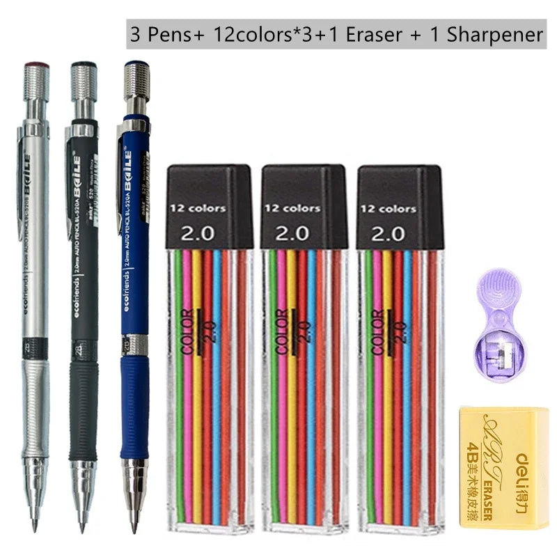 2.0mm Mechanical Pencil Set with 2B Black/Colors Lead Refill for Writing Sketching Art Drawing Painting School Automatic Pencil Qme Color Pencil set C
