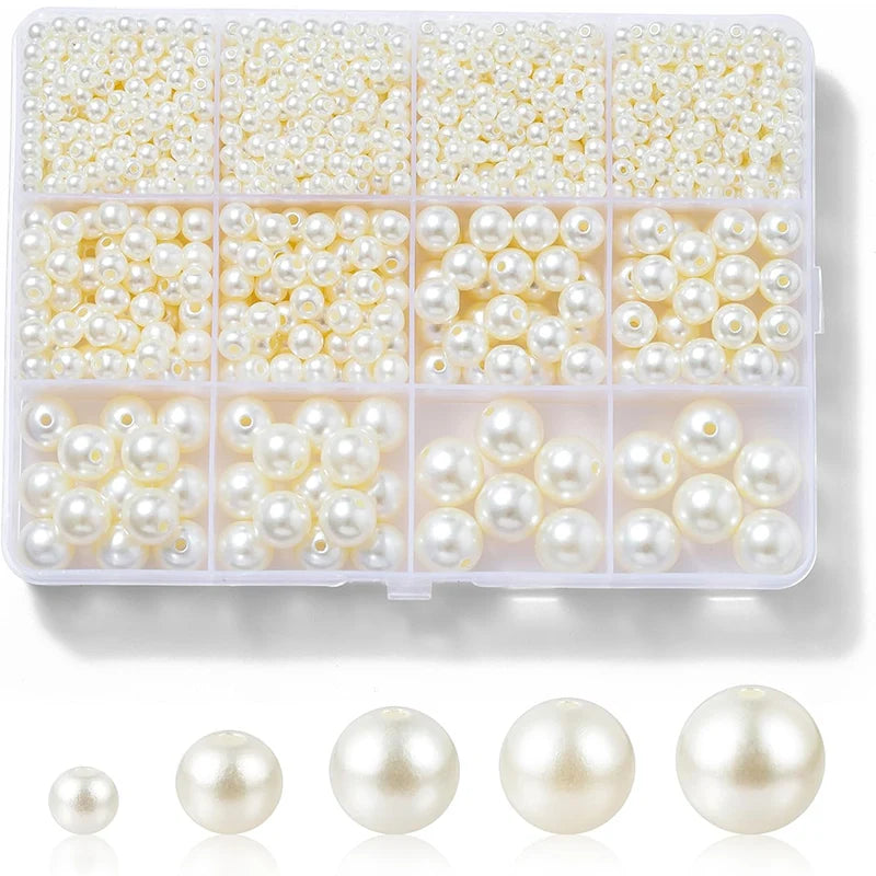 1200Pcs Resin Pearl Beads Kit 5 Sizes Round Small Pearl Filler Beads with Hole for DIY Craft Necklaces Earrings Bracelets Making Qme