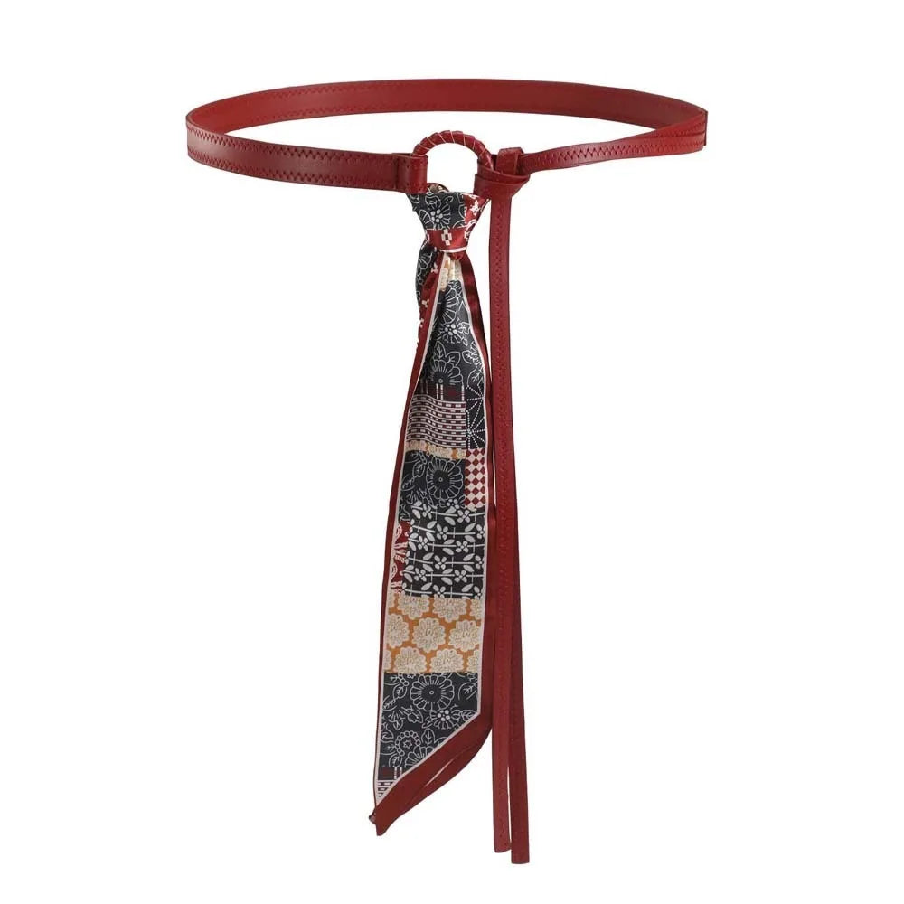 Ethnic Cashew Printed Belt Adjustable PU Retro Jacquard Waistband Qme Red