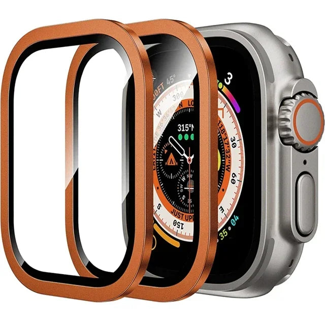 2PCS Tempered Glass For Apple Watch Ultra 49mm Screen Protector Anti-Scratch HD Metal Bumper Full Film for IWatch Ultra 49mm Qme 2PCS Orange Ultra 1 2 49MM