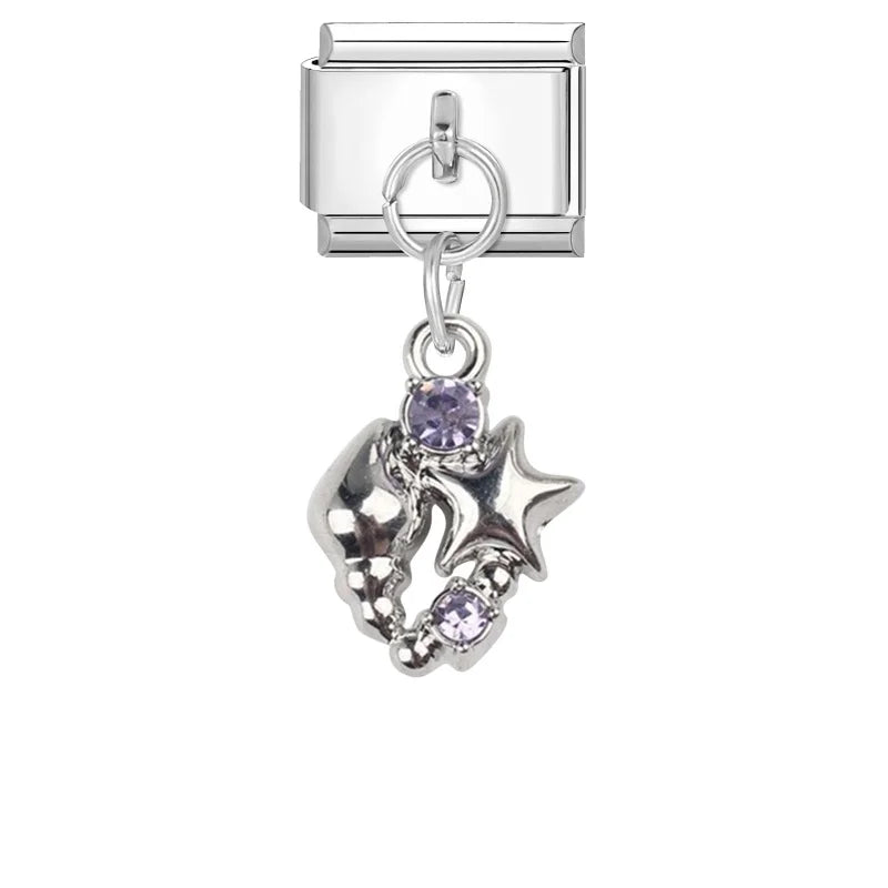 2025 Shiny Zircon Shells Starfish Conch Blue Italian Charm Links Fit 9mm Stainless Steel Bracelet Women Jewelry DIY Making Gifts Qme Style 14