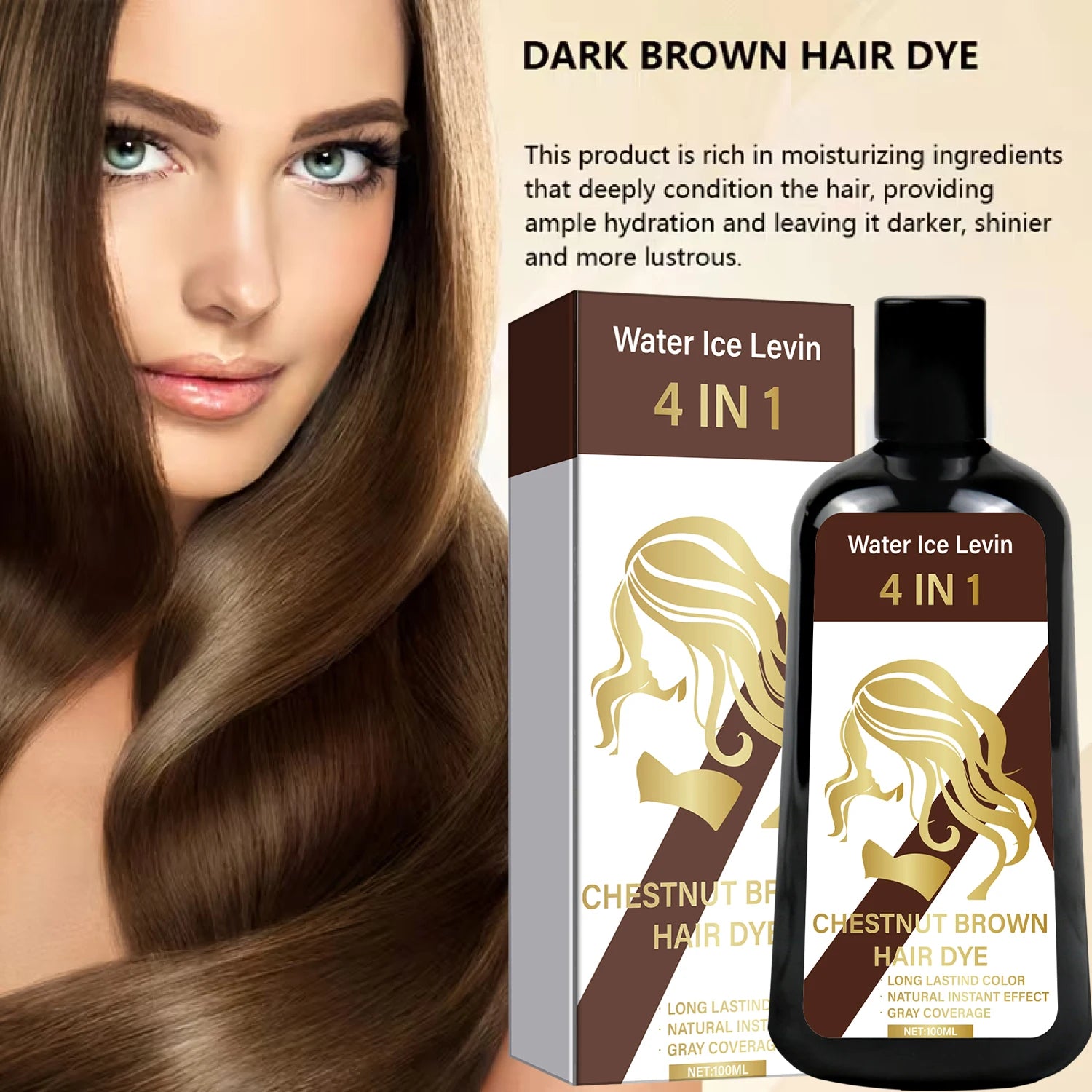 4-in-1 Chestnut Brown Hair Dye Shampoo for Long-Lasting Color & Natural Instant Gray Coverage, Ginger & Ginseng Enriched. Qme