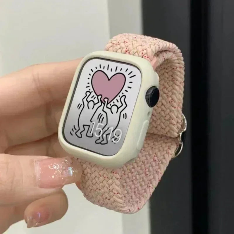 Korean Cute Braied Strap + Case For Apple Watch Band 49mm 46mm 45 44 38 42 Nylon Bracelet For iWatch Series 10 9 8 7 6 5 4 3 SE Qme