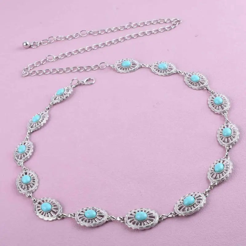Fashion Bohemian Female Circular Waist Chain Luxury Turquoise Ellipse Chain Belt For Women Suitable For Skirts Dress Qme