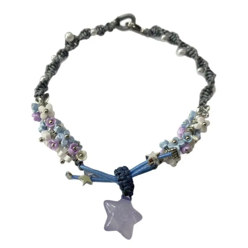Blue Flower Braided Bracelet With Star Butterfly And Faux Pearl Accents Perfect For Daily Wear Gift For Girls Fashion Jewelry Qme A