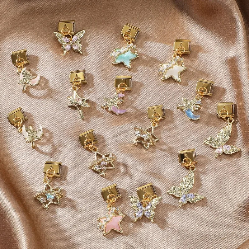 1Pc luxurious Italian style steel Stainless pendants inlaid with artificial zircon exquisite charm elegant Butterfly Moon Stars Qme