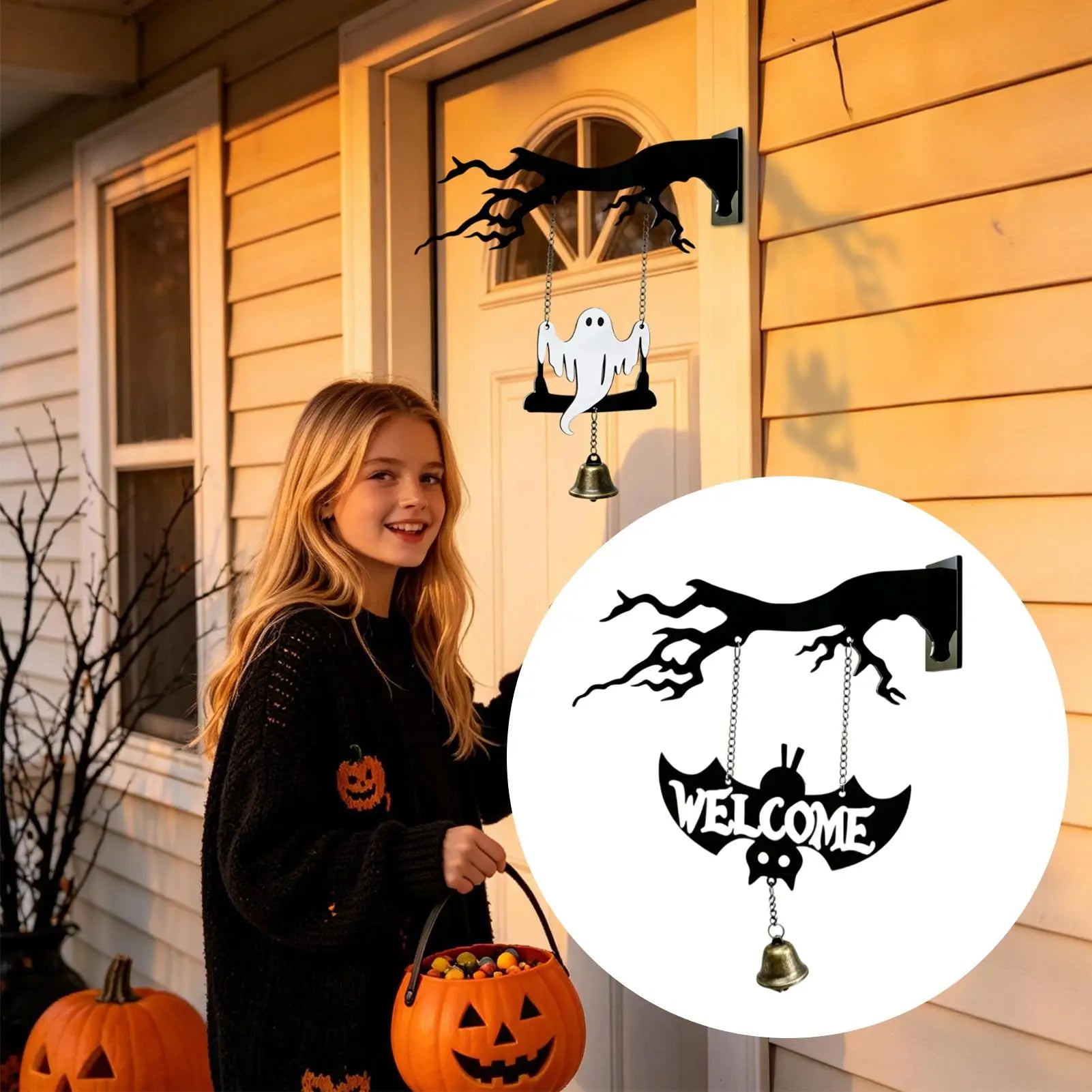 Halloween Wind Chime Outdoor Wooden Swing Wall Ornament Haunted House Qme