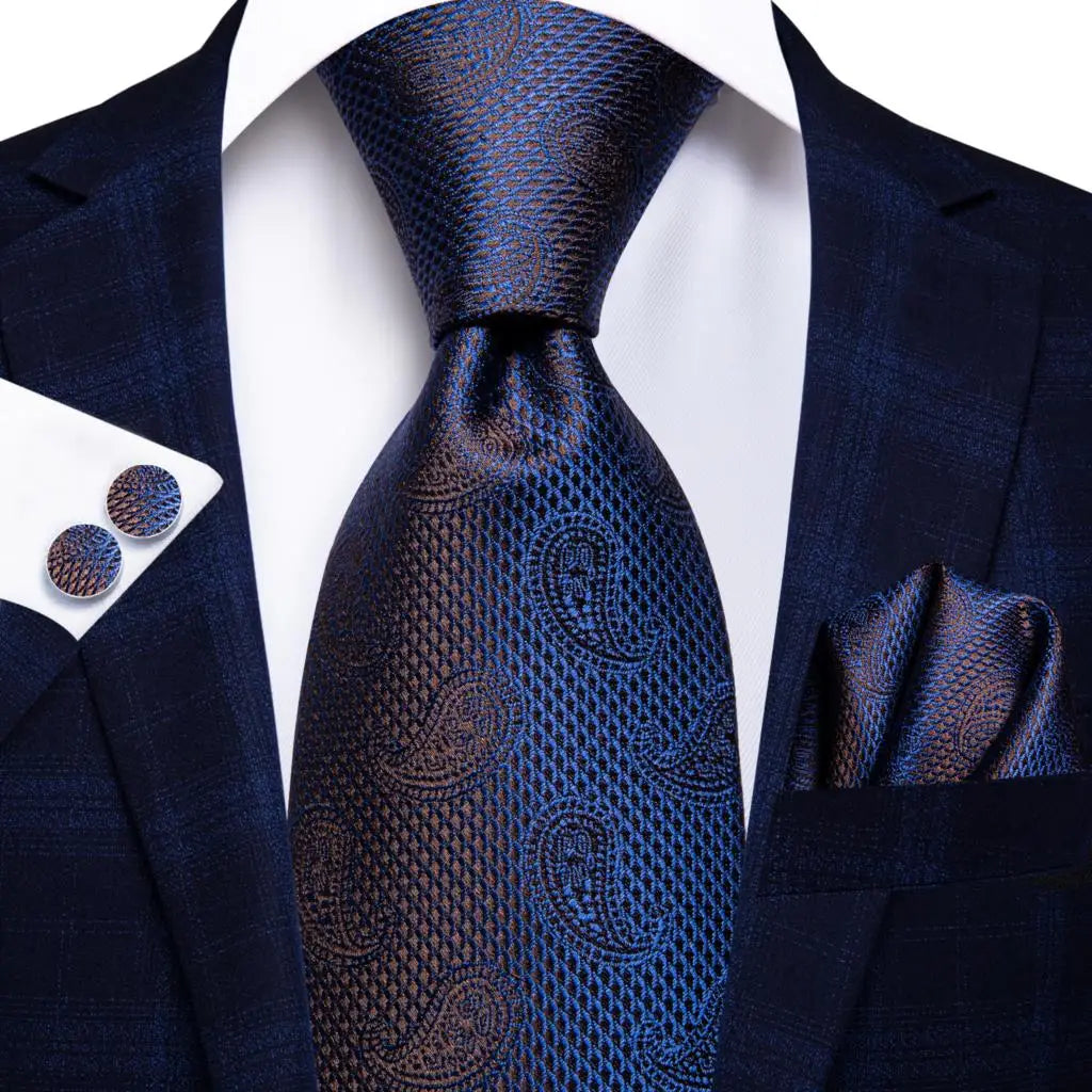 Hi-tie Navy Blue Floral Striped Silk Elegant Tie Men Groom Wedding