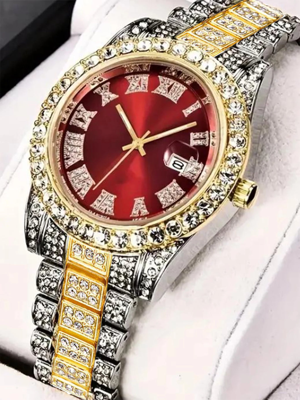 Full Faux Diamond Steel Strap Large Dial Quartz Watch Qme Red