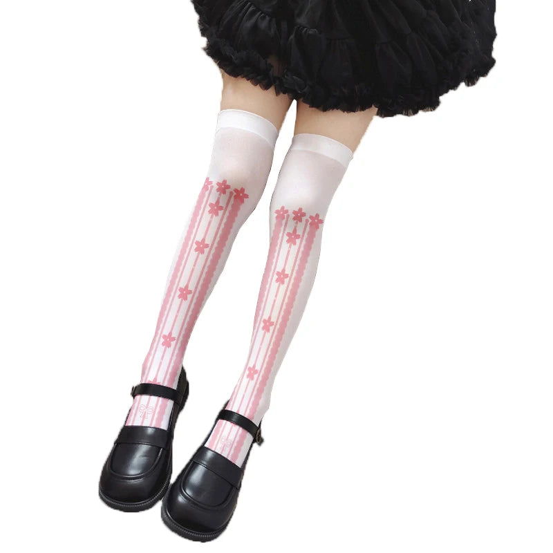 Cute Pink Princess Lolita Over Knee Stockings Love Bow Printed Girl