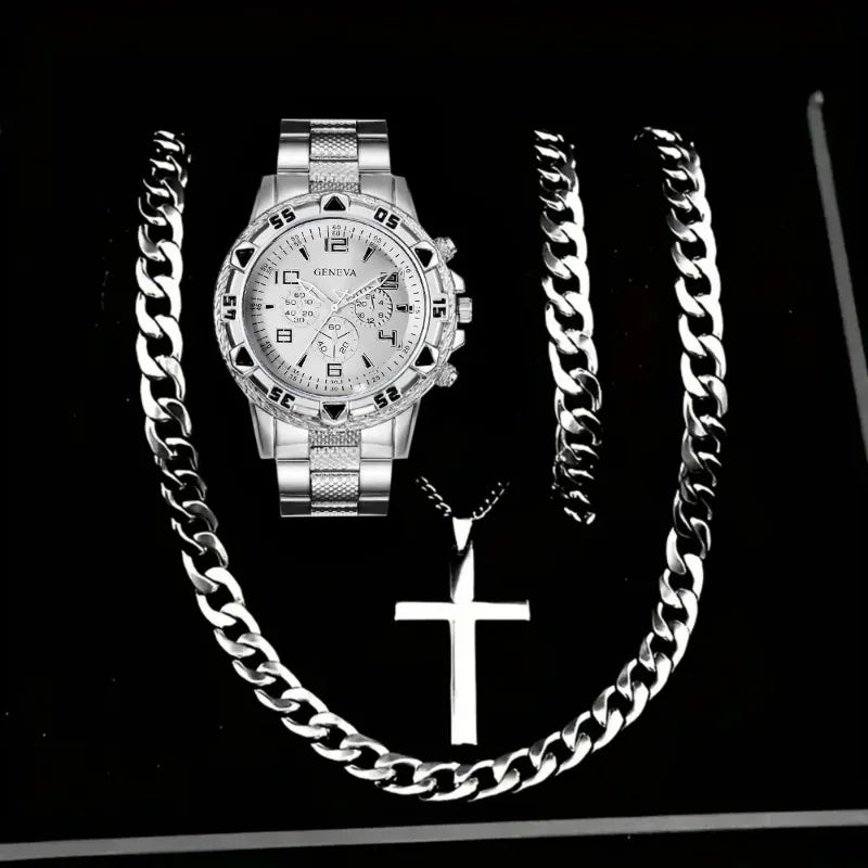 Men Geneva Gold Watch Cross Necklace 2Pcs Hip Hop Jewelry Set Qme