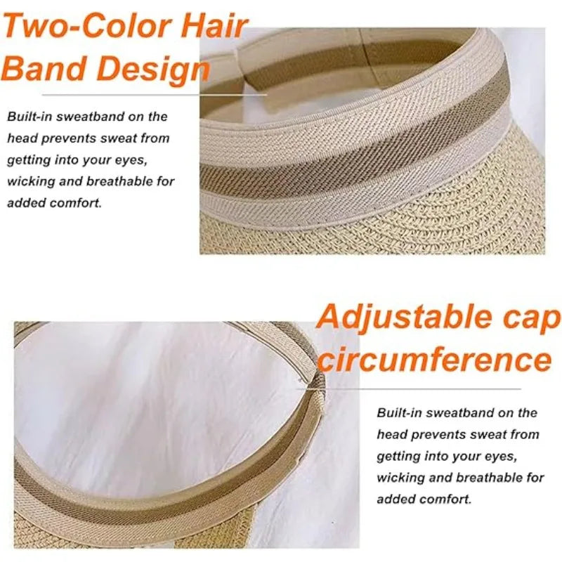 Womens Straw Sun Hat Wide Brim UV Protection Summer Beach Visor Qme