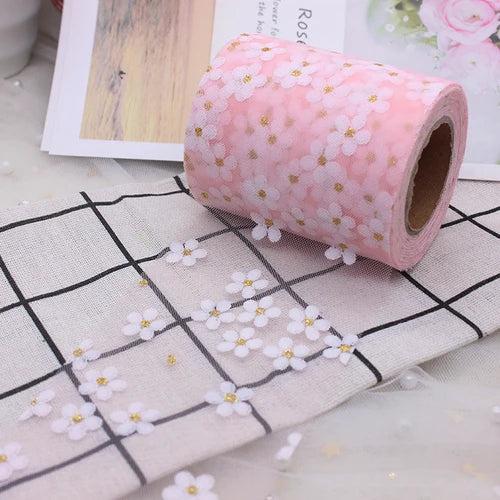 6cm 5Yards Floret Tulle Daisy Ribbon Roll DIY Craft Ribbons for Gift Bow Packaging Cherry Blossoms Printed Mesh Fabric Supplies Qme Pink ribbons 5 yards (4.5m)