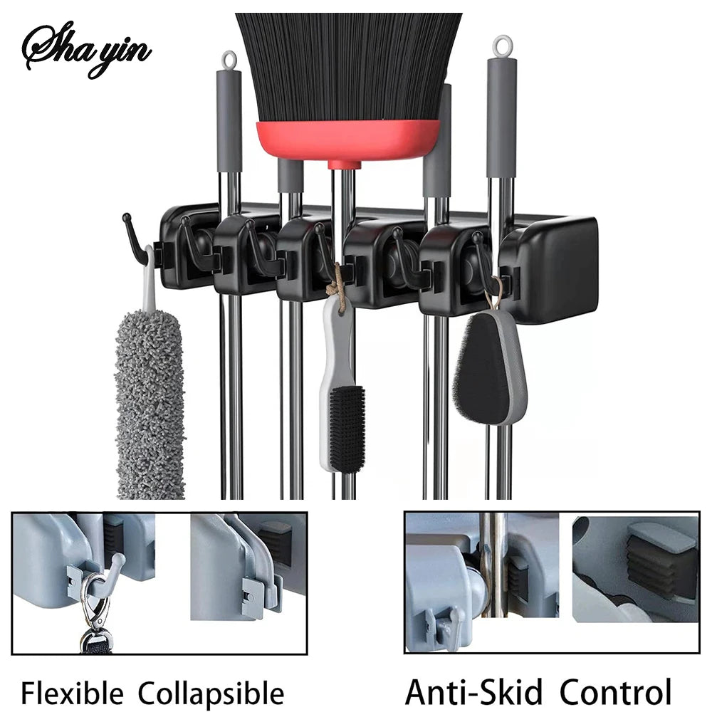 Wall Mounted Mop Holder 3/4 Position Multi-Functional Broom Pendant Shelf Home Kitchen Storage Black Magic Plastic Mop Holder ﻿ Qme