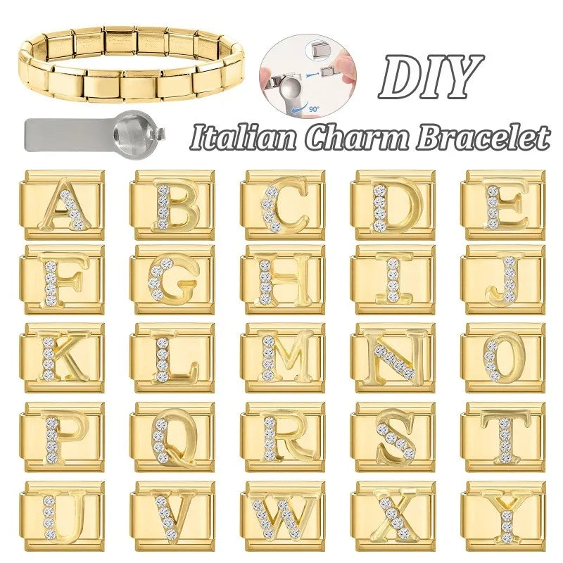 Wholesale Shiny CZ 26 Letters A-Z Gold Color Italian Charms Gold Plated 9mm Stainless Steel Modular Bracelet DIY Jewelry Gift Qme
