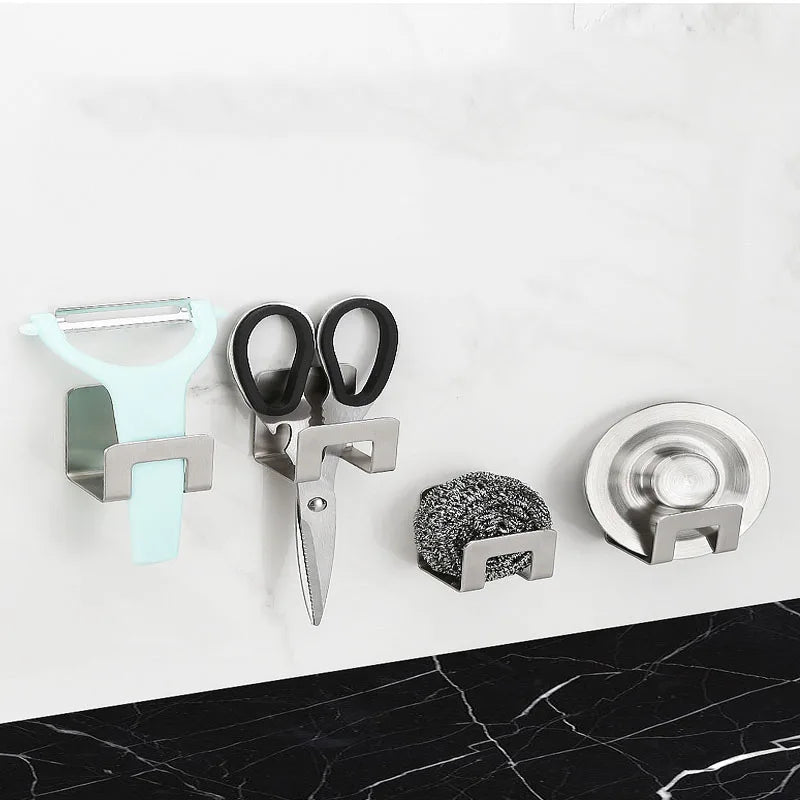Stainless Steel Sink Tray Drainer Rack Kitchen Sink Sponge Holders Self Adhesive Hook Storage Holder Kitchen Wire Rag Organizer Qme