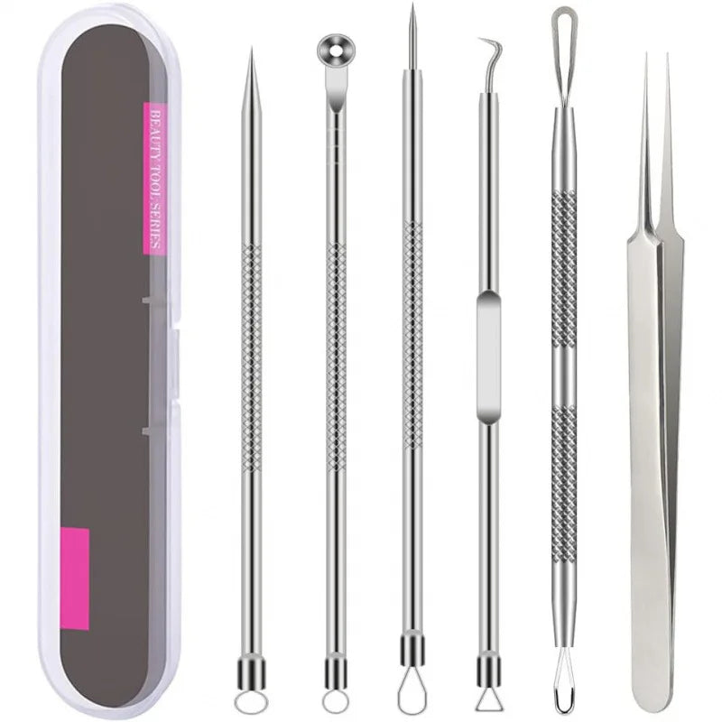 Stainless Steel Blackhead Remover Tools Comedone Extractor Tweezers Qme Silver 6Pcs