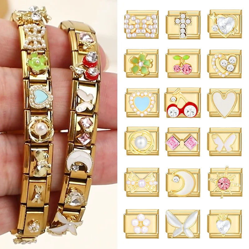 Golden Series Black Bows Butterfly Red Star Cherry Heart Italian Charm Links Stainless Steel Fit 9mm Bracelet Making DIY Jewelry Qme